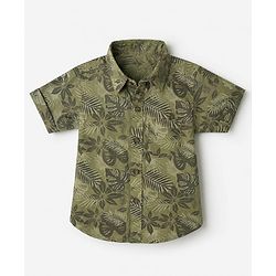 Babyhug 100% Cotton Woven Shirt with Half Sleeves and Leaves Print & Regular Collar Neck in Olive Green