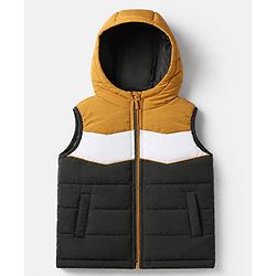 Babyhug Woven Padded Quilted Hooded Winter Jacket with Sleeveless and Color Block Print - Olive Green