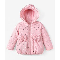Babyhug Woven Hooded Jacket with Full Sleeves and Heart Foil Print - Pink