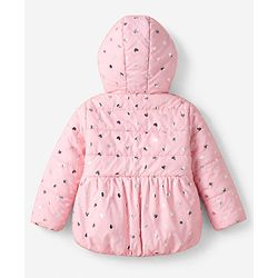 Babyhug Woven Hooded Jacket with Full Sleeves and Heart Foil Print - Pink