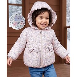 Babyhug Woven Full Sleeves Hooded Padded Floral Printed Jacket with Bow Applique - White