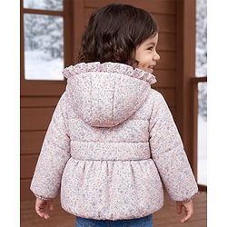 Babyhug Woven Full Sleeves Hooded Padded Floral Printed Jacket with Bow Applique - White