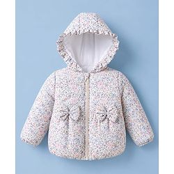 Babyhug Woven Full Sleeves Hooded Padded Floral Printed Jacket with Bow Applique - White
