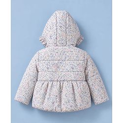 Babyhug Woven Full Sleeves Hooded Padded Floral Printed Jacket with Bow Applique - White