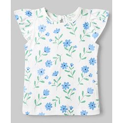 Babyhug 100% Cotton Knit T-Shirt with Half Frill Sleeves and Floral Graphic Print in Blue & White Pack of 3
