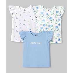 Babyhug 100% Cotton Knit T-Shirt with Half Frill Sleeves and Floral Graphic Print in Blue & White Pack of 3