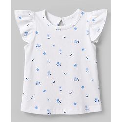 Babyhug 100% Cotton Knit T-Shirt with Half Frill Sleeves and Floral Graphic Print in Blue & White Pack of 3