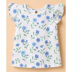 Babyhug 100% Cotton Knit T-Shirt with Half Frill Sleeves and Floral Graphic Print in Blue & White Pack of 3