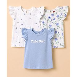 Babyhug 100% Cotton Knit T-Shirt with Half Frill Sleeves and Floral Graphic Print in Blue & White Pack of 3