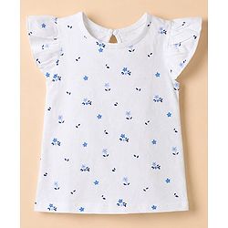 Babyhug 100% Cotton Knit T-Shirt with Half Frill Sleeves and Floral Graphic Print in Blue & White Pack of 3