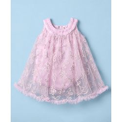 Babyhug Girls Solid Mesh Woven Sleeveless Party Onesie With Embroidery - Light Pink