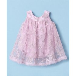 Babyhug Girls Solid Mesh Woven Sleeveless Party Onesie With Embroidery - Light Pink