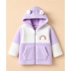 Babyhug Fur Woven Full Sleeves Winter Hooded Sweatshirt And Pant With Rainbow Embroidery - Lavender
