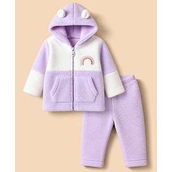 Babyhug Fur Woven Full Sleeves Winter Hooded Sweatshirt And Pant With Rainbow Embroidery - Lavender