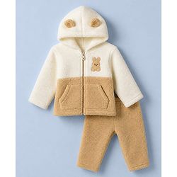 Babyhug Sherpa Fur Knit Woven Hooded Winter Wear Suit - Beige