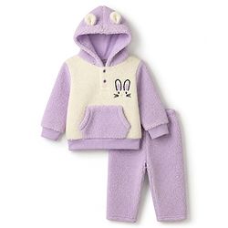 Babyhug Fur Woven Full Sleeves Winter Hooded Sweatshirt And Pant With Rabbit Embroidery - Lavender
