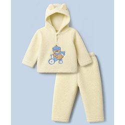Babyhug Fur Woven Full Sleeves Winter Hooded Sweatshirt And Pant With Bear Patch - Yellow