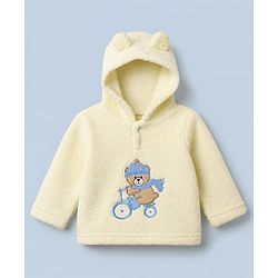 Babyhug Fur Woven Full Sleeves Winter Hooded Sweatshirt And Pant With Bear Patch - Yellow