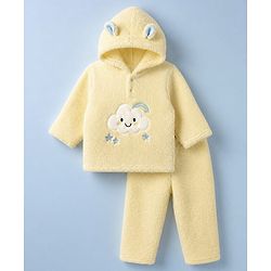 Babyhug Sherpa Fur Knit Hooded Winter Wear Suit Cloud Patch & Ear Applique - Light Yellow