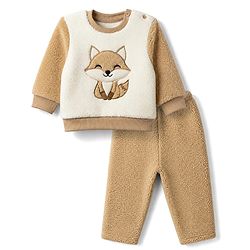 Babyhug Fur Woven Full Sleeves Winter Sweatshirt And Pant With Fox Patch - Beige