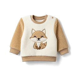 Babyhug Fur Woven Full Sleeves Winter Sweatshirt And Pant With Fox Patch - Beige