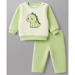 Babyhug Fur Woven Full Sleeves Winter Sweatshirt And Pant With Dino Patch - Green