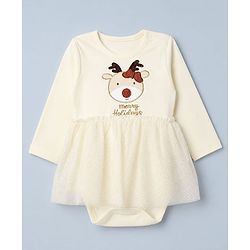 Babyhug 100% Cotton Interlock Knit Full Sleeves Onesie With Animal Patch - White