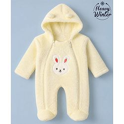 Babyhug Sherpa Fur Knit Full Sleeves Hooded Winter Romper With Bear Patch - Light yellow