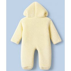 Babyhug Sherpa Fur Knit Full Sleeves Hooded Winter Romper With Bear Patch - Light yellow