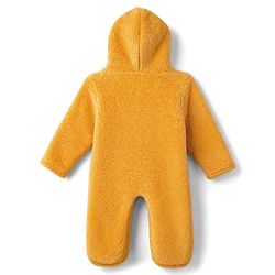 Babyhug Sherpa Fur Knit Full Sleeves Hooded Winter Romper With Bear Patch - Light yellow