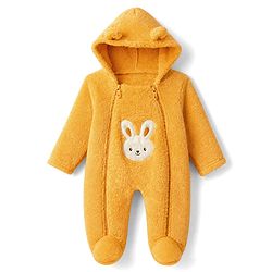 Babyhug Sherpa Fur Knit Full Sleeves Hooded Winter Romper With Bear Patch - Light yellow