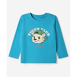 Babyhug 100% Cotton Knit T-Shirt with Full Sleeves and Tiger Print - Turquoise