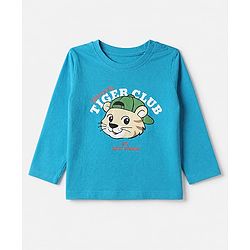 Babyhug 100% Cotton Knit T-Shirt with Full Sleeves and Tiger Print - Turquoise
