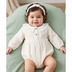 Babyhug 100% Cotton Interlock Knit Full Sleeves Onesies With Hair Band - White