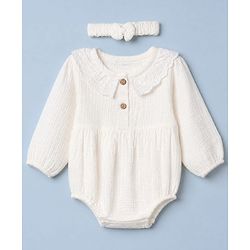Babyhug 100% Cotton Interlock Knit Full Sleeves Onesies With Hair Band - White