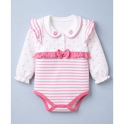 Babyhug 100% Cotton Interlock Knit Full Sleeves Striped Onesie with Polka Dots Print & Floral Embroidery with Bow - Dark Pink