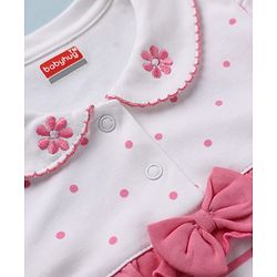 Babyhug 100% Cotton Interlock Knit Full Sleeves Striped Onesie with Polka Dots Print & Floral Embroidery with Bow - Dark Pink