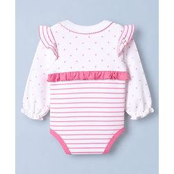 Babyhug 100% Cotton Interlock Knit Full Sleeves Striped Onesie with Polka Dots Print & Floral Embroidery with Bow - Dark Pink