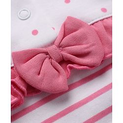 Babyhug 100% Cotton Interlock Knit Full Sleeves Striped Onesie with Polka Dots Print & Floral Embroidery with Bow - Dark Pink