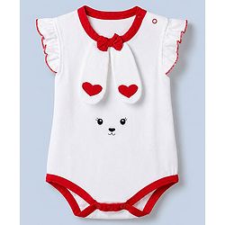 Babyhug 100% Cotton Interlock Knit Sleeveless Onesie With Bow Applique & Hearts & Animal Embroidery - White
