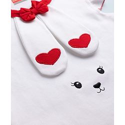 Babyhug 100% Cotton Interlock Knit Sleeveless Onesie With Bow Applique & Hearts & Animal Embroidery - White