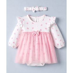 Babyhug 100% Cotton Interlock Knit Onesie and Hairband with Full Sleeves and Strawberry Print - Pink