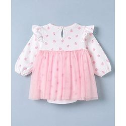 Babyhug 100% Cotton Interlock Knit Onesie and Hairband with Full Sleeves and Strawberry Print - Pink
