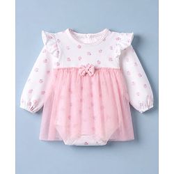Babyhug 100% Cotton Interlock Knit Onesie and Hairband with Full Sleeves and Strawberry Print - Pink