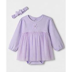 Babyhug 100% Cotton Knit interlock Onesie and Hairband with Full Sleeves and Flower Applique - Lavender