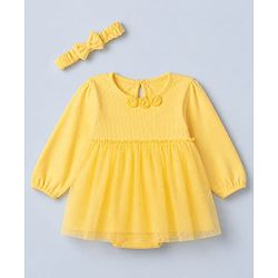 Babyhug 100% Cotton Interlock Knit Full Sleeves Frock Style Onesie With Floral Applique & Headbands - Yellow