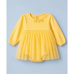 Babyhug 100% Cotton Interlock Knit Full Sleeves Frock Style Onesie With Floral Applique & Headbands - Yellow
