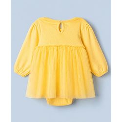 Babyhug 100% Cotton Interlock Knit Full Sleeves Frock Style Onesie With Floral Applique & Headbands - Yellow