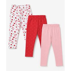 Babyhug Cotton Lycra Knit Full Length Leggings With Floral & Polka Dots Print Pack of 3 - Pink, White & Red