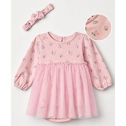 Babyhug 100% Cotton Knit Interlock Onesie and Headband with Full Sleeves and Floral Print - Baby Pink